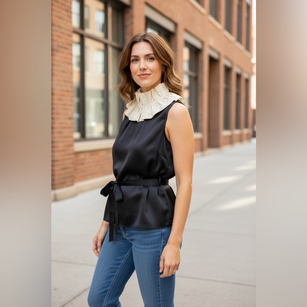 Marc By Marc Jacobs Navy Top with Cream Ruffle Collar